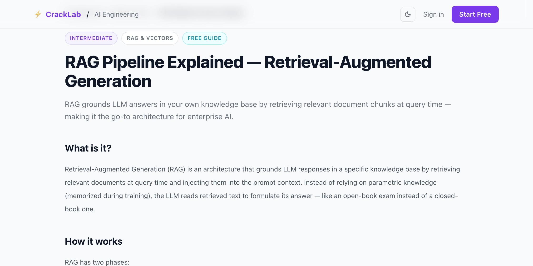 A real CrackLab lesson page — RAG Pipeline Explained